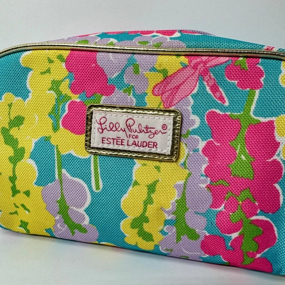 Lilly‎ Pulitzer for Estee Lauder Floral Dragonfly Makeup Bag Teal Pink Gold Trim
